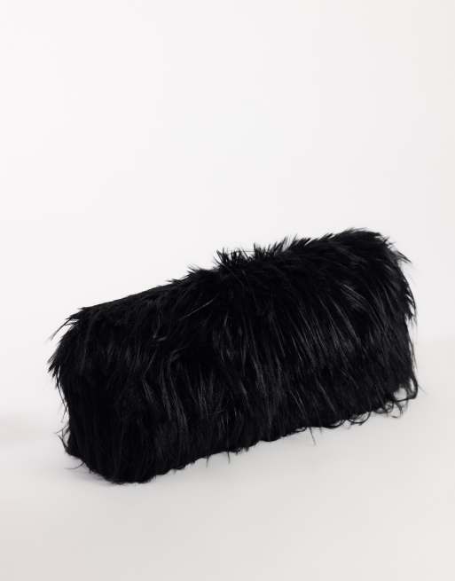 Topshop Ciara oversized folded faux fur structured clutch bag in black, 3 of 4