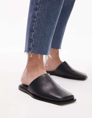 Topshop - Cici - Flache Leder-Mules in Schwarz mit eckiger Zehenpartie