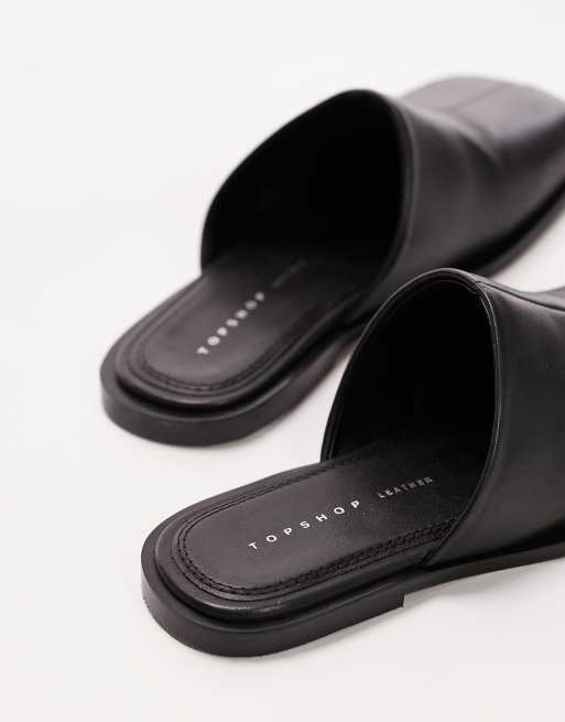 Topshop - Cici - Flade mules med firkantet tå i sort læder , 3 af 4