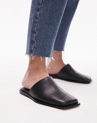 Topshop Cici leather square toe flat mule in black