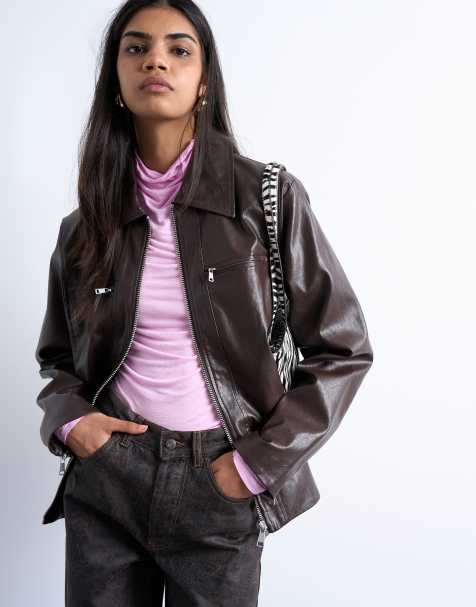 Topshop faux leather clean zip through jacket in deep burgundy