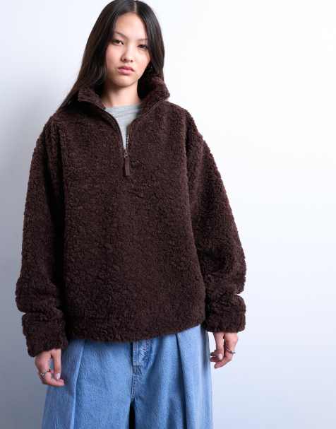 Topshop borg quarter zip top in dark brown