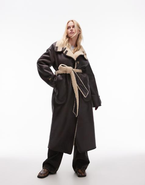 Topshop – Ciemnobrązowy prochowiec oversize z imitacji skóry ze sztucznym kożuszkiem - view 1