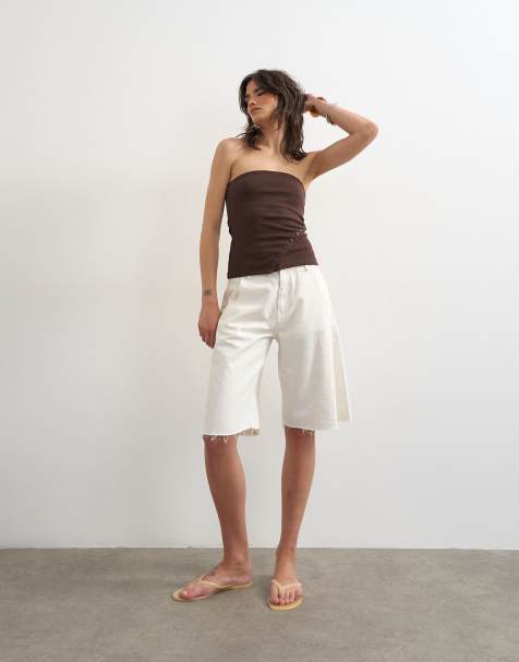 Topshop – Ciemnobrązowy top z dekoltem bandeau i guzikami - view 1