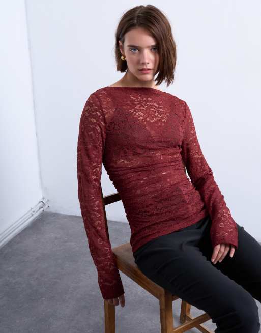 Topshop – Ciemnoczerwony koronkowy top z prostym dekoltem i marszczeniem z boku