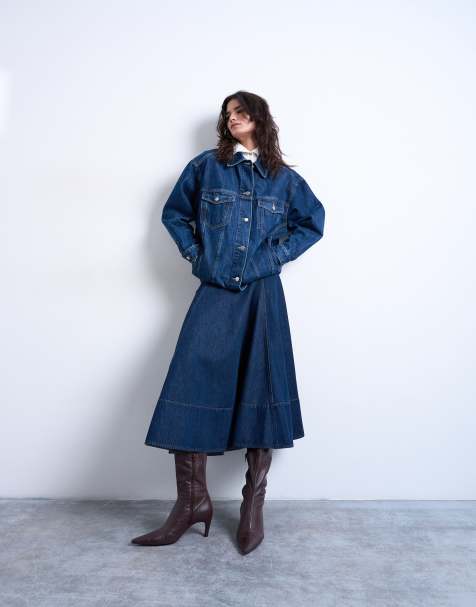 Topshop – Ciemnoniebieska spódnica jeansowa midi z obniżoną talią i ozdobnymi szwami - view 1