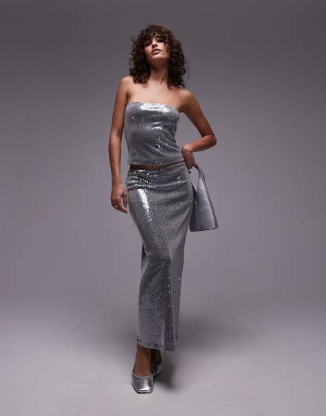 Topshop sequin midaxi skirt in gunmetal