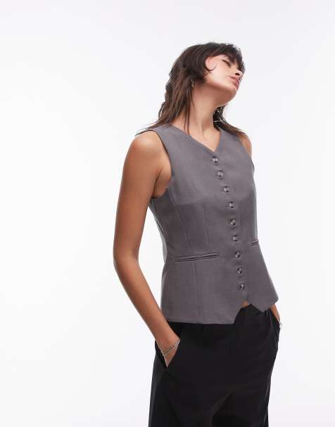Topshop co ord high button up tailored waistcoat in slate BEIGE