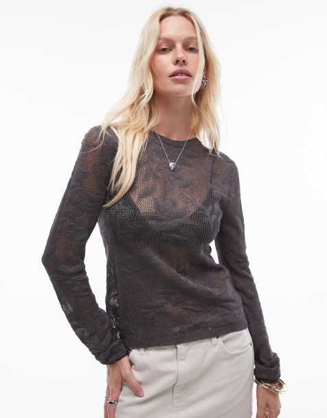 Topshop – Ciemnoszary dzianinowy prześwitujący top z długim rękawem w kwiatowy wzór - view 1