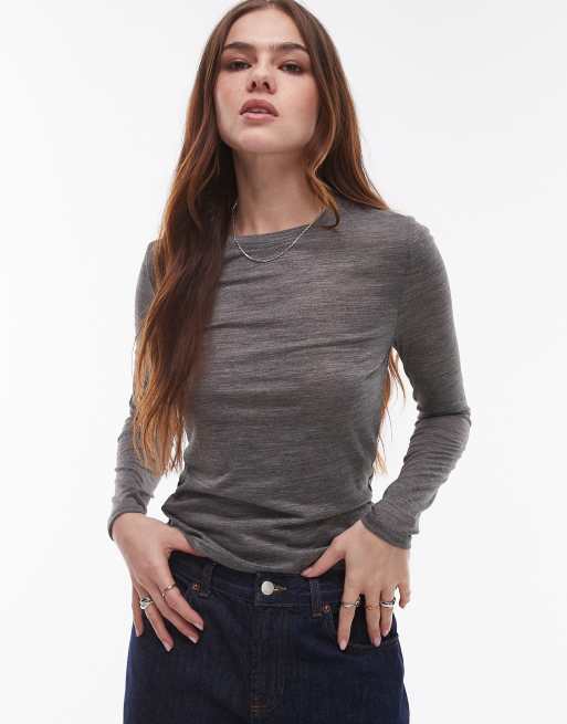 Topshop – Ciemnoszary melanżowy top z długimi rękawami z domieszką wełny