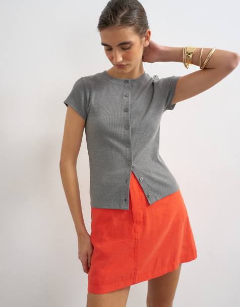 Topshop – Ciemnoszary zapinany na guziki top z krótkimi rękawami - view 1