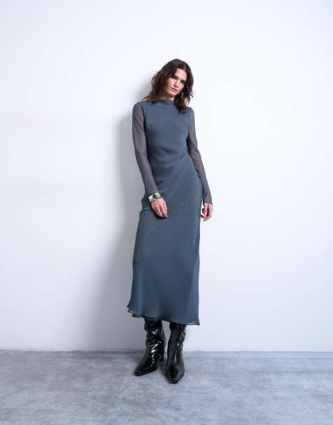 Topshop – Ciemnoturkusowa szyfonowa sukienka maxi z prostym dekoltem - view 1