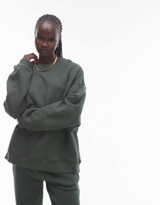 Topshop – Ciemnozielona bluza dresowa premium z ozdobnymi szwami, część zestawu