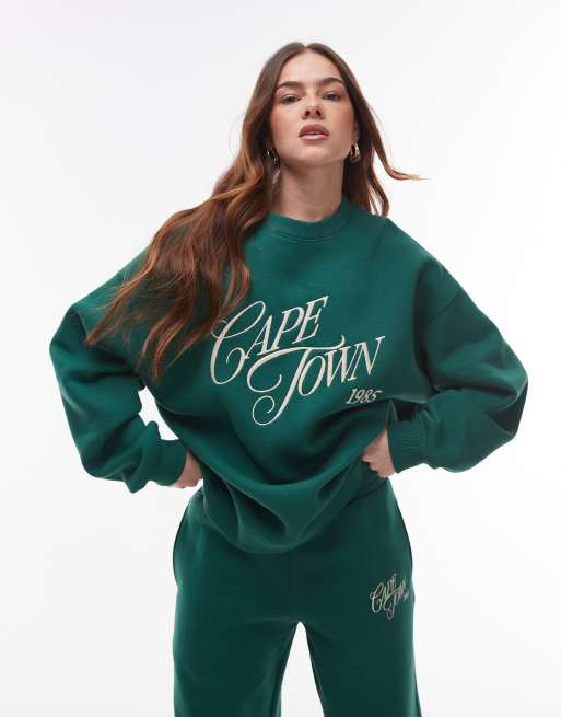 Topshop – Ciemnozielona bluza oversize z napisem graficznym „Cape Town