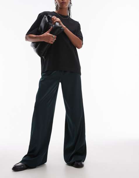 Topshop satin drawcord trouser in forest green