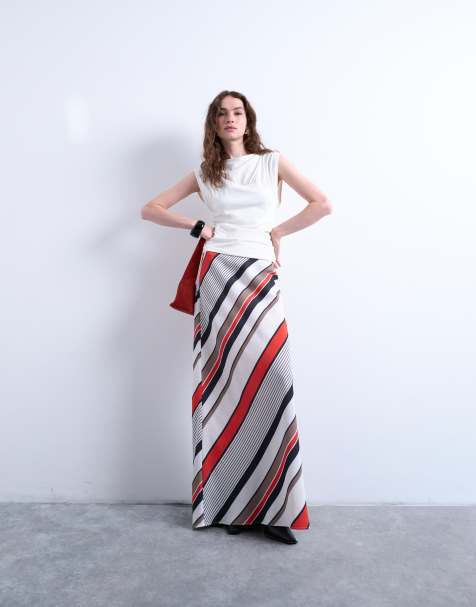 Topshop flood length maxi bias skirt in red and white stripe