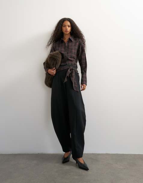 Topshop cinch check shirt and wrap barrel pants set in brown - view 1