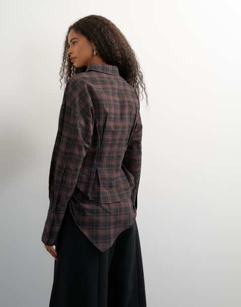 Topshop cinch check shirt and wrap barrel trouser co ord in brown - view 1