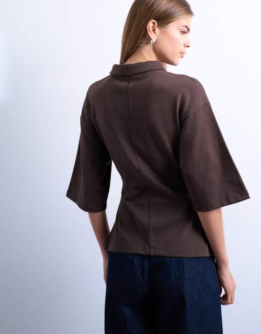 Topshop cinch detail structured polo shirt in chocolate brown ASOS