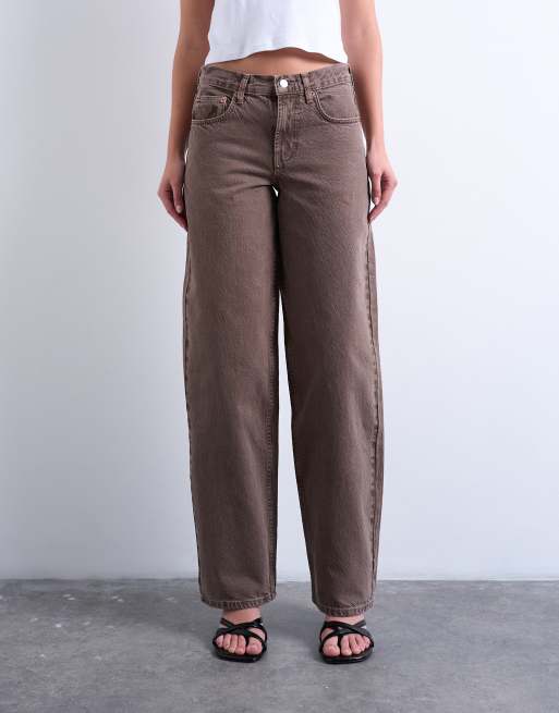Topshop - Cinch - Jeans comodi a vita bassa color lontra