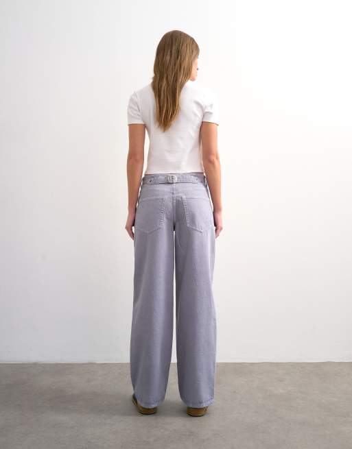 Topshop - Cinch - Jeans comodi a vita bassa lilla con cinturino, 4 di 7