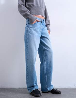 Topshop Cinch Low Rise Baggy Jeans In Blue