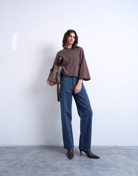 Topshop Cinch low rise jean in textured stripe detail indigo rinse
