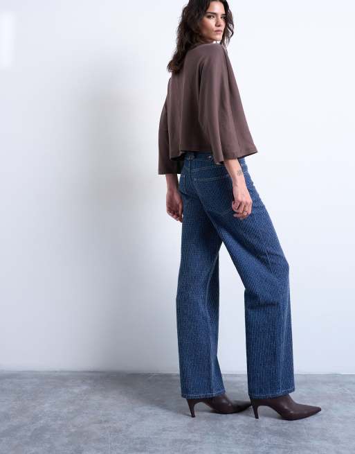 Topshop Cinch low rise jeans in textured stripe detailed indigo rinse, 2 of 7