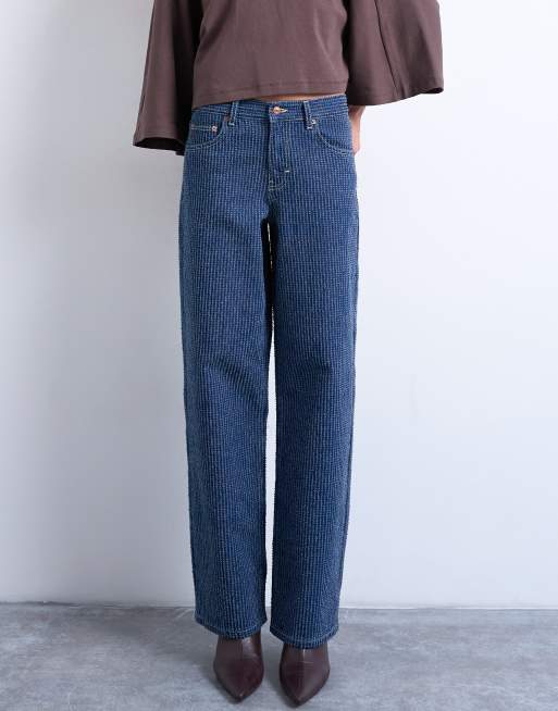 Topshop Cinch low rise jeans in textured stripe detailed indigo rinse, 3 of 7