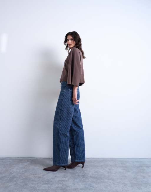 Topshop Cinch low rise jeans in textured stripe detailed indigo rinse, 4 of 7