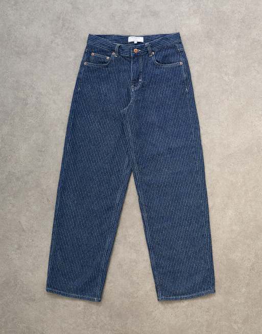 Topshop Cinch low rise jeans in textured stripe detailed indigo rinse, 6 of 7