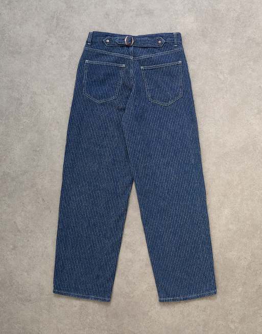 Topshop Cinch low rise jeans in textured stripe detailed indigo rinse, 7 of 7