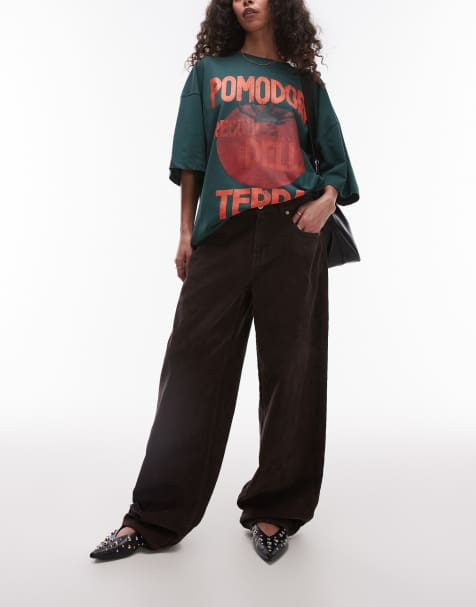 Topshop Cinch low rise relaxed cord jean in brown - view 1