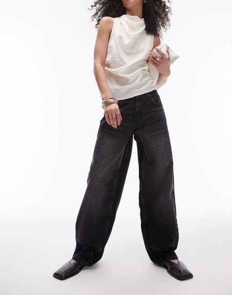 Topshop Cinch low rise relaxed jean in deep black - view 1