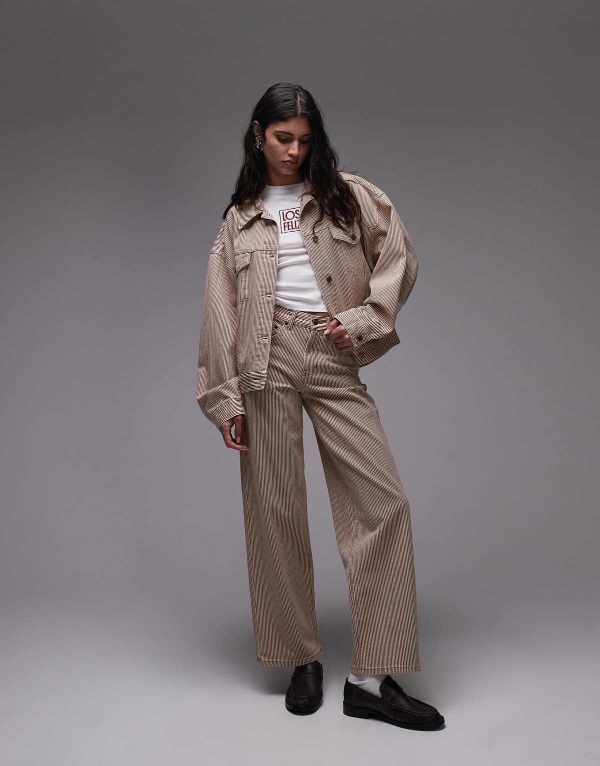 Topshop Cinch low rise relaxed jean in tan stripe
