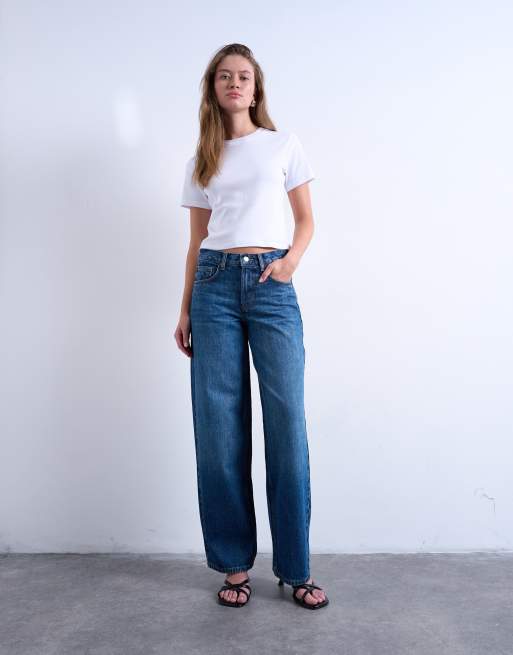 Topshop Cinch low rise relaxed jeans in mid blue