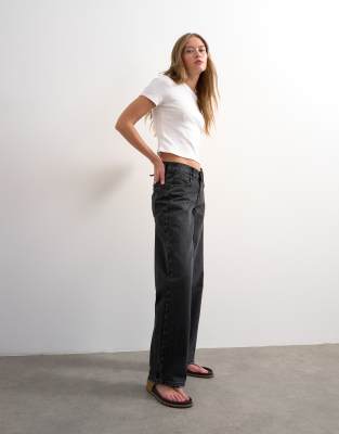 Topshop Women's Black Cinch Low Rise Relaxed Jean In Washed