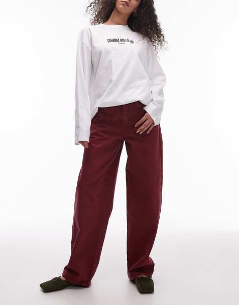 Topshop cinch low rise relaxed jeans in burgundy - view 1