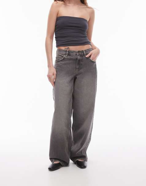 Topshop cinch low rise relaxed jeans in dark vintage grey  - view 1