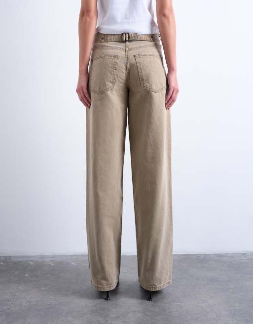 Topshop Cinch low rise relaxed jeans in latte