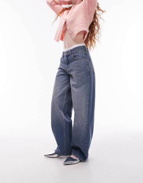 Topshop Cinch low rise relaxed jeans in mid blue - view 1