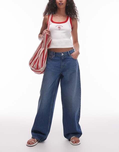 Topshop Cinch low rise relaxed jeans in mid blue - view 1