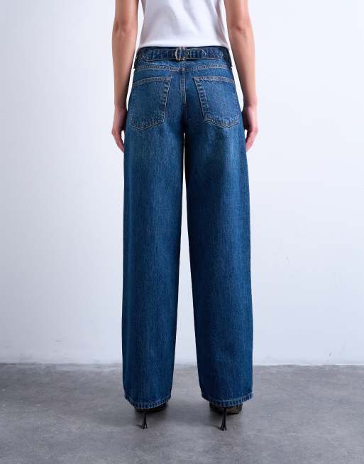 Topshop Cinch low rise relaxed jeans in mid blue