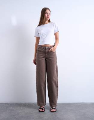 Topshop Cinch Low Rise Relaxed Jeans In Brown