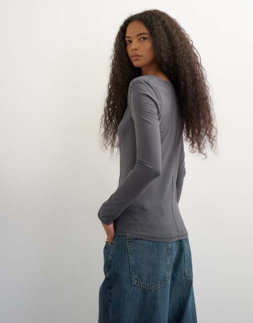 Topshop cinch neckline long sleeve top in grey, 2 of 4