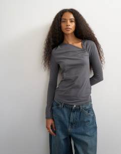Model wearing Cinch neckline long sleeve top in grey