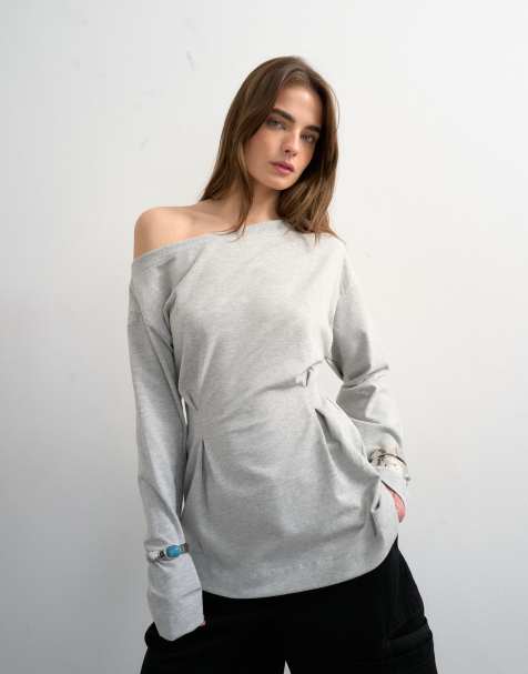 Topshop cinch off the shoulder top in grey marl
