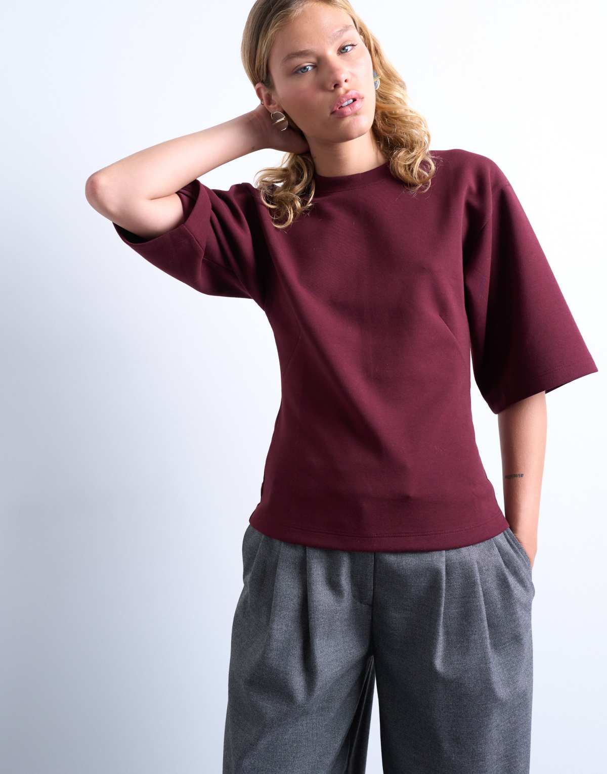 Topshop cinch  short sleeve tee in burgundy in scuba-style fabric
