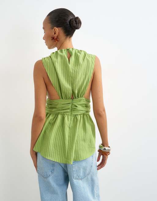 Topshop cinch split front top in green stripe, 2 of 4