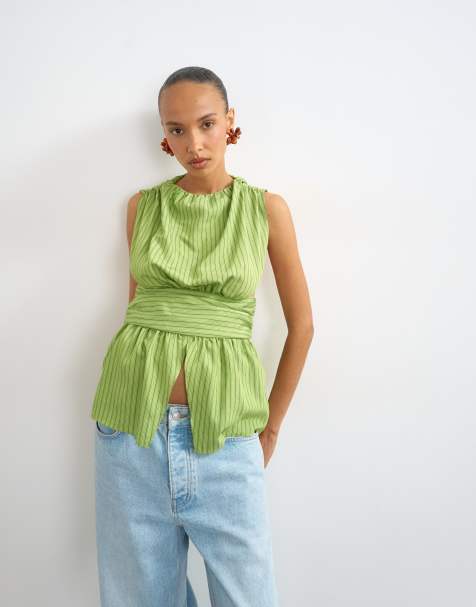 Topshop cinch top med slids foran i grøn stribe - view 1